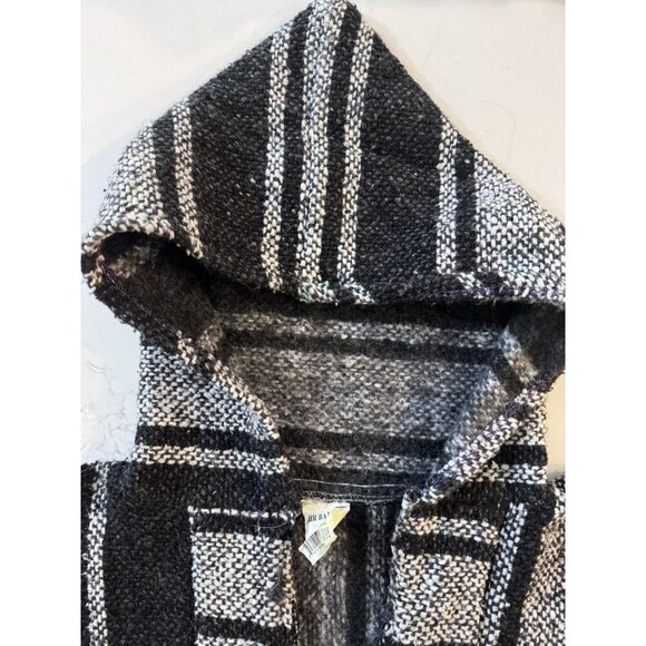 Mexican Poncho Small Baja Woven Blanket Jacket Hippie Pullover Black White - Picture 9 of 12